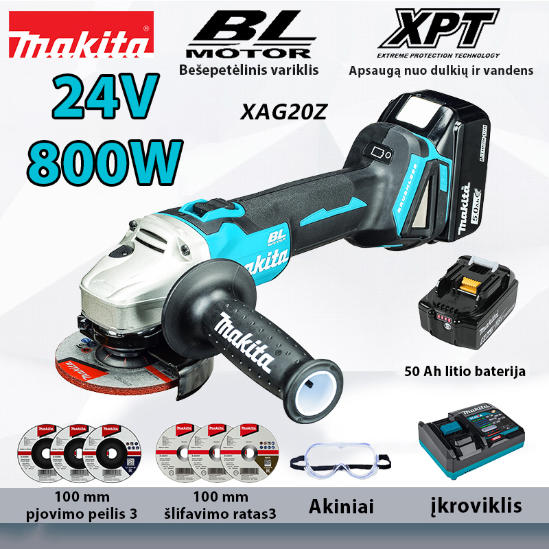24 V ličio baterija + 800 W Makita kampinis šlifuoklis + 50 AMP įkroviklis + peilių priedai